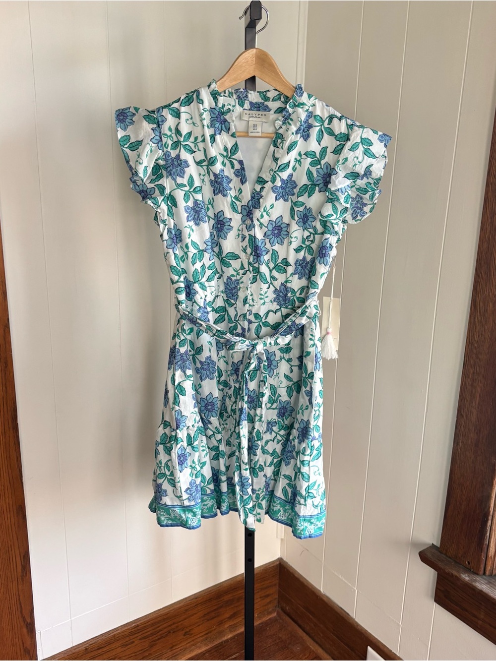 Calypso St. Barth Floral Mini Dress Blue Green Flutter Sleeve Womens 10 NWT